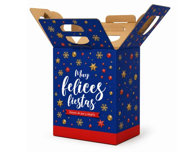 Caja azul de Felices Fiestas abierta, con fondo automático y manijas integradas
