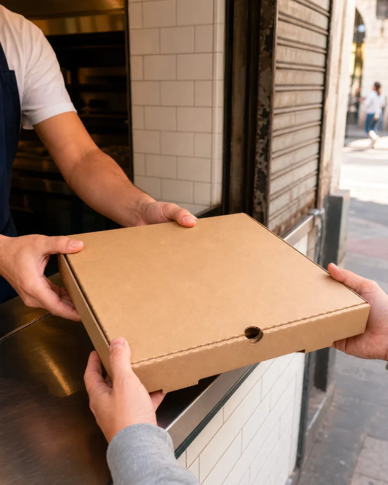 Caja para pizza en una entrega