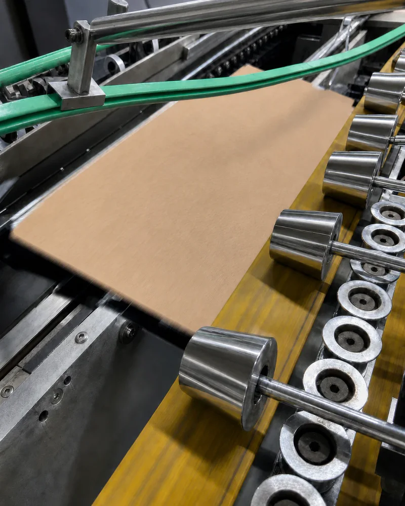 Caja de cartón pasando por la máquina pegadora